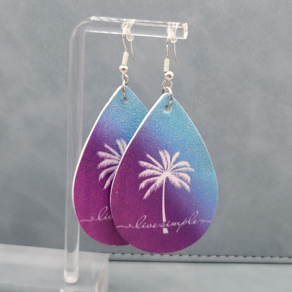 Leather Blue And Purple Ombre "Live Simple" Palm Tree Earrings